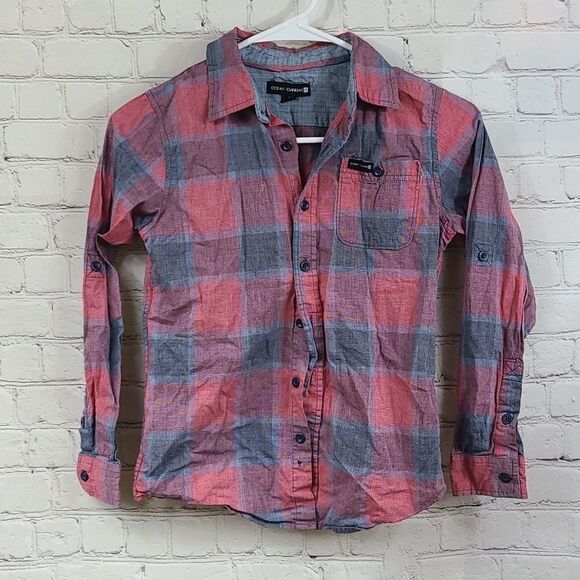 Ocean Current Boys Small Red/Blue Plaid Long Roll Tab Sleeve Button Down Shirt - Picture 1 of 8